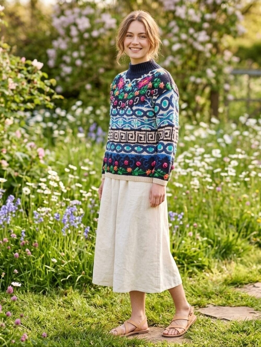 Vintage JENNIFER REED Petite Hand Knitted Floral & Geometric Ramie Sweater SizeS